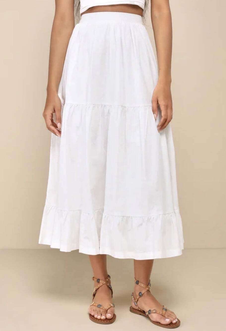 Lulus Women’s Daytime Perfection Cotton Tiered Midi Skirt Sz L Cottagecore